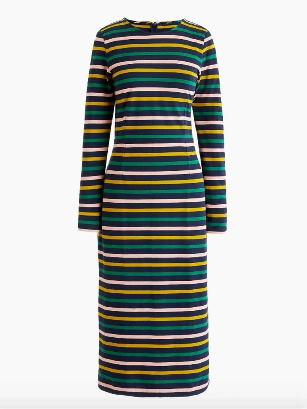 J. Crew Striped Long-Sleeve Midi Dress in Navy, Green, Pink & Gold